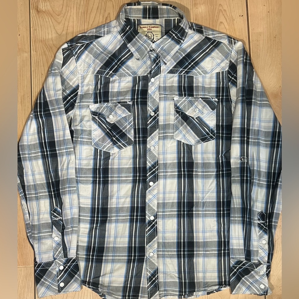 Casual Blue and White Plaid Button Down Shirt